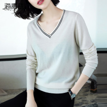 海青蓝2018秋季新款时尚V领长袖修身显瘦休闲百搭毛针织衫女06832图片