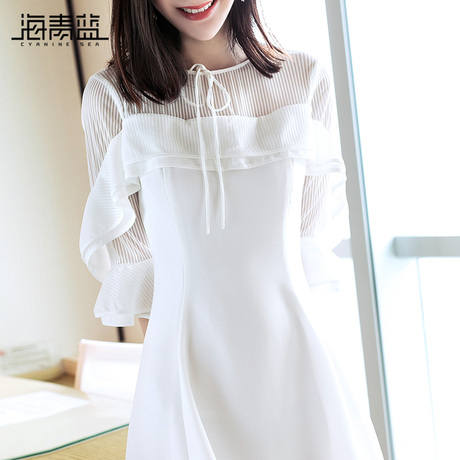 海青蓝2018夏季新款女装时尚圆领荷叶边短袖修身显瘦连衣裙01582商品大图