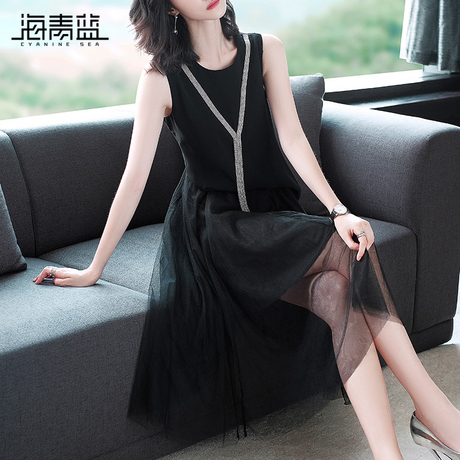 海青蓝2018夏季新款气质雪纺拼接网纱高腰修身时尚连衣裙女02822商品大图