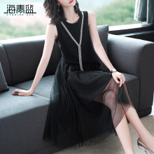 海青蓝2018夏季新款气质雪纺拼接网纱高腰修身时尚连衣裙女02822图片