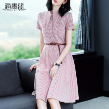 海青蓝2018夏季新款女装polo领短袖修身收腰格子衬衫连衣裙03275图片