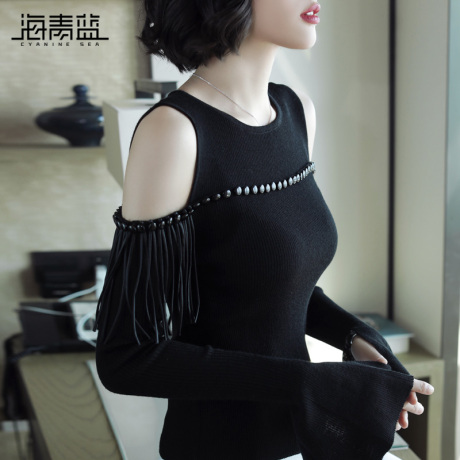 海青蓝2018秋季新款时尚圆领露肩喇叭袖修身百搭毛针织衫女06821商品大图