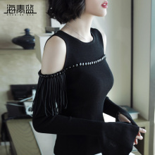 海青蓝2018秋季新款时尚圆领露肩喇叭袖修身百搭毛针织衫女06821图片