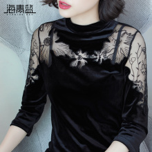 海青蓝秋装女2018新款性感时尚钩花镂空修身长袖气质打底衫06807图片