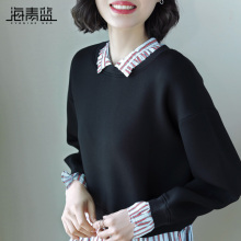 海青蓝2018秋季新款时尚黑色圆领长袖宽松休闲百搭打底衫女06817图片