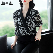 海青蓝2018秋装新款女时尚气质v领长袖拼接印花休闲短外套潮06543图片