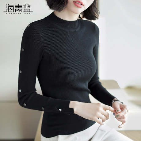 海青蓝2018秋装新款女黑色圆领长袖针织衫修身显瘦套头毛衣08983商品大图