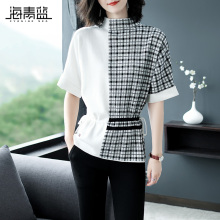 海青蓝毛衣女2018新款时尚格子撞色宽松洋气收腰短款针织衫09177图片