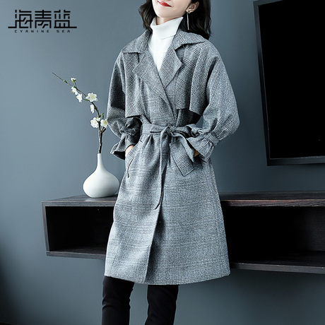 海青蓝2018秋季新款时尚翻领九分袖高雅系带休闲风衣外套女09139商品大图