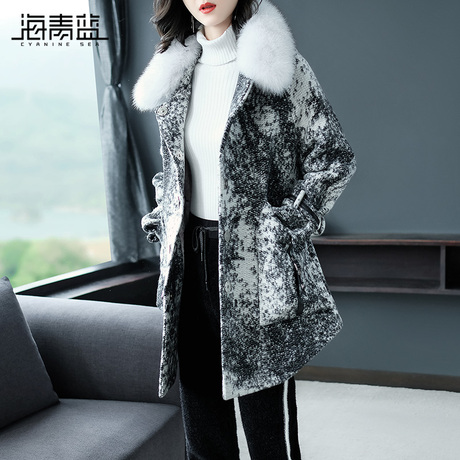 海青蓝2018秋季新款时尚毛领长袖宽松绑带保暖百搭羽绒服女09104商品大图
