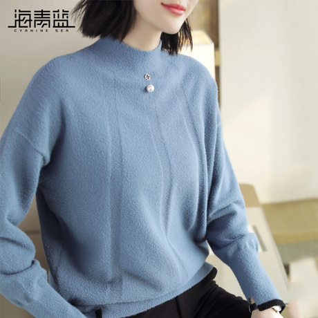 海青蓝毛衣女2018新款时尚秋冬纯色宽松休闲百搭长袖针织衫09219商品大图