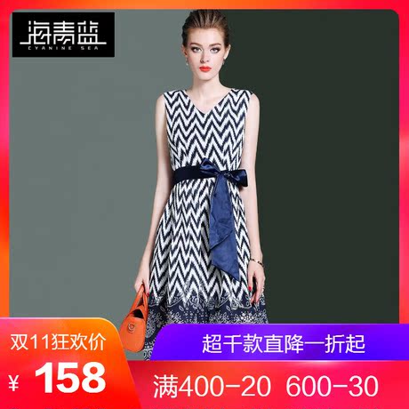 海青蓝2018夏季新款女装v领无袖系带收腰修身印花背心连衣裙03212商品大图