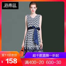 海青蓝2018夏季新款女装v领无袖系带收腰修身印花背心连衣裙03212图片