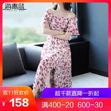 海青蓝2018夏季新款欧美时尚一字肩荷叶边收腰显瘦连衣裙女02919图片