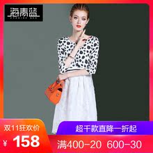 海青蓝2018夏季新款女五分袖蕾丝拼接修身假两件印花连衣裙03351图片