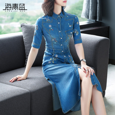 海青蓝2018夏季新款POLO领时尚印花气质修身牛仔连衣裙女装02843商品大图