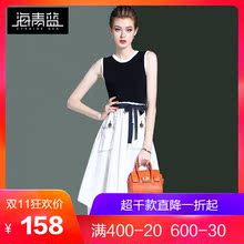 海青蓝2018夏季新款女时尚气质无袖系带修身拼接撞色连衣裙03083图片