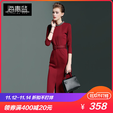 海青蓝2018秋装新款女红色收腰时尚拼接修身显瘦开叉连衣裙05090商品大图