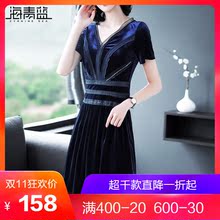 海青蓝2018秋季新款女装气质v领短袖收腰蕾丝拼接丝绒连衣裙03943图片