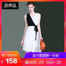 海青蓝2018夏季新款女装无袖绑带收腰撞色不规则背心连衣裙03738图片