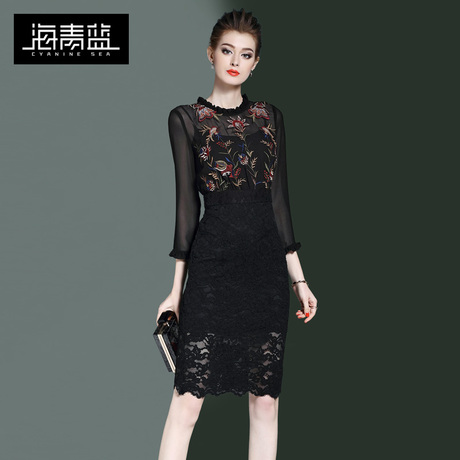 海青蓝2018春装新款女装七分袖蕾丝绣花拼接时尚气质连衣裙00344商品大图
