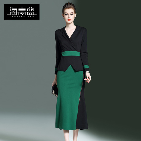 海青蓝2018春装新款时尚气质显瘦收腰包臀撞色一步连衣裙女00163商品大图