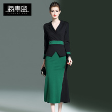 海青蓝2018春装新款时尚气质显瘦收腰包臀撞色一步连衣裙女00163图片