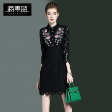 海青蓝2018春装新款女装七分袖气质蕾丝绣花时尚收腰连衣裙00306图片