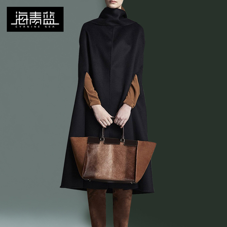 海青蓝2018冬季新款女欧美气质宽松高领斗篷大衣女毛呢外套09374商品大图