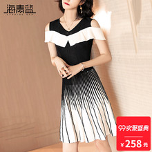 海青蓝2018夏季新款气质漏肩时尚针织弹力修身显瘦连衣裙女01877图片