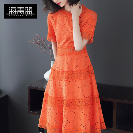 海青蓝2018夏季新款时尚镂空蕾丝圆领短袖气质修身连衣裙女00904商品大图