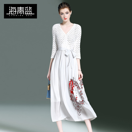 海青蓝2018春装新款女装时尚气质V领收腰印花雪纺白色连衣裙00277商品大图