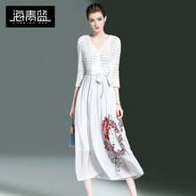 海青蓝2018春装新款女装时尚气质V领收腰印花雪纺白色连衣裙00277图片
