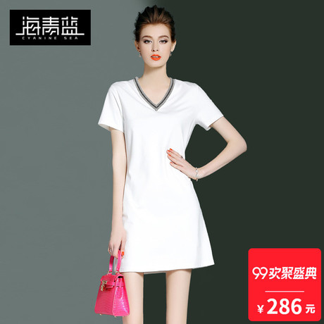 海青蓝连衣裙女装夏2018新款时尚V领短袖白色气质通勤短裙子01258商品大图