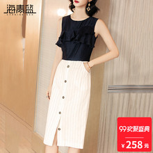 海青蓝2018夏季新款女装时尚无袖荷叶边个性拼接修身连衣裙01974图片