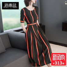海青蓝2018夏装新款女装时尚圆领短袖淑女气质高腰a字连衣裙01752图片