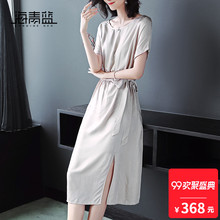 海青蓝2018夏季新款圆领宽松系带收腰气质名媛修身连衣裙女02656图片