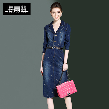 海青蓝2018春季女装新款个性时尚收腰修身破洞牛仔一步连衣裙5159商品大图