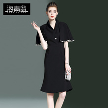 海青蓝2018春装新款欧美翻领气质钉珠时尚收腰显瘦连衣裙女00198图片