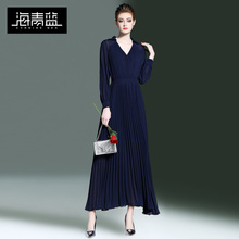 海青蓝2018春装新款女装长袖V领时尚收腰修身百褶中长连衣裙00042图片