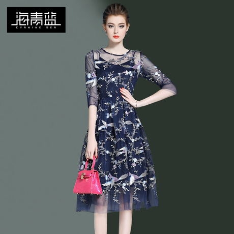 海青蓝2018春装新款女装圆领七分袖网纱绣花时尚收腰连衣裙00335商品大图