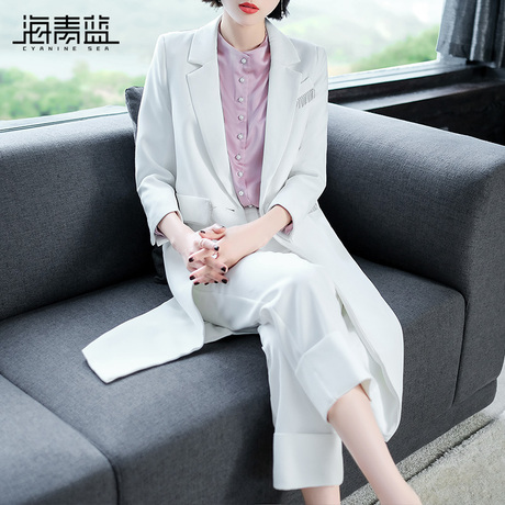 海青蓝2018秋装新款女装长袖宽松气质百搭休闲白色西装外套04937商品大图