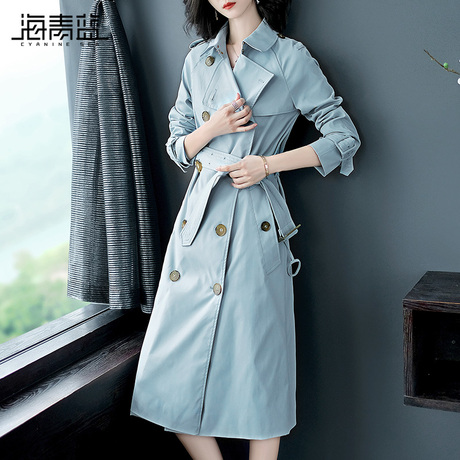 海青蓝秋装女2018新款时尚长袖双排扣高腰系带宽松风衣外套05838商品大图