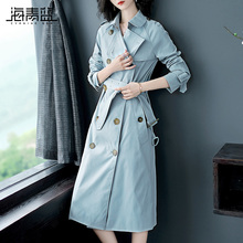 海青蓝秋装女2018新款时尚长袖双排扣高腰系带宽松风衣外套05838图片