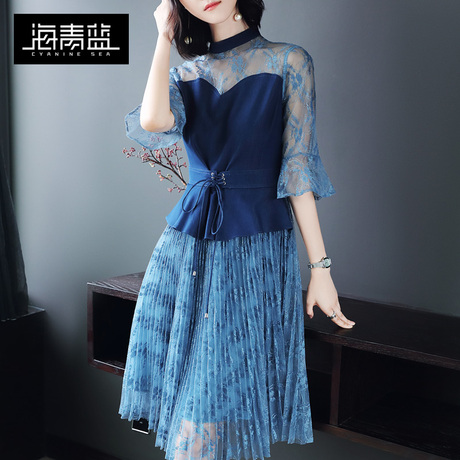 海青蓝2018夏装新款女装时尚喇叭袖蕾丝拼接气质网纱连衣裙01522商品大图