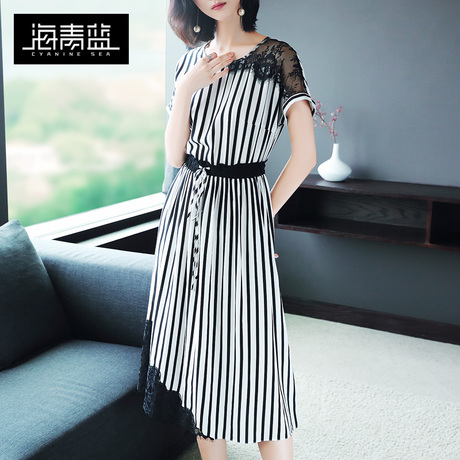 海青蓝2018夏装新款女装短袖圆领气质蕾丝拼接印花a字连衣裙01525商品大图