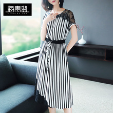 海青蓝2018夏装新款女装短袖圆领气质蕾丝拼接印花a字连衣裙01525图片