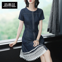 海青蓝2018夏装新款女装气质短袖牛仔拼接系带收腰a字连衣裙01668图片