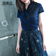 海青蓝2018夏季新款上衣欧美潮流时尚v领短袖修身百搭T恤女01894图片