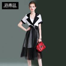 海青蓝2018夏季新款女时尚网纱拼接修身收腰个性条纹连衣裙03210图片